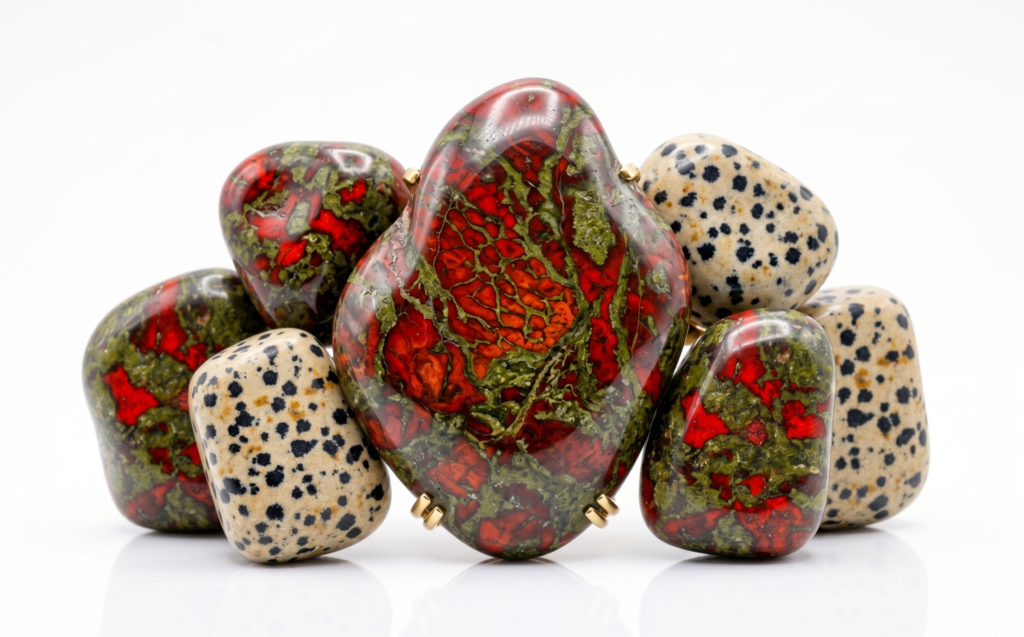 Unakita y jaspe dálmata pulidos, piedras semipreciosas con patrones únicos para joyería artesanal y coleccionistas