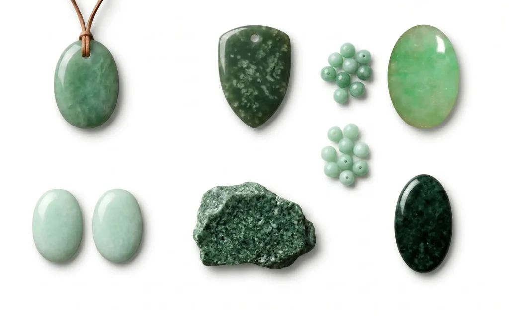 Jade en bruto y pulido en tonos verde, piedras semipreciosas para joyería y ornamentación